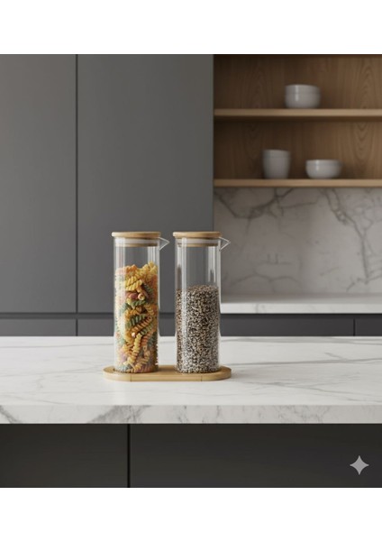 Mutfak Serisi Ahşap Standlı Bambu Kapaklı Akıllı Cam Yağdanlık Seti (2'li) Damlatmaz Modern Tasarım