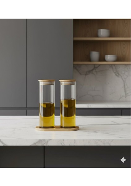 Mutfak Serisi Ahşap Standlı Bambu Kapaklı Akıllı Cam Yağdanlık Seti (2'li) Damlatmaz Modern Tasarım fiyatları