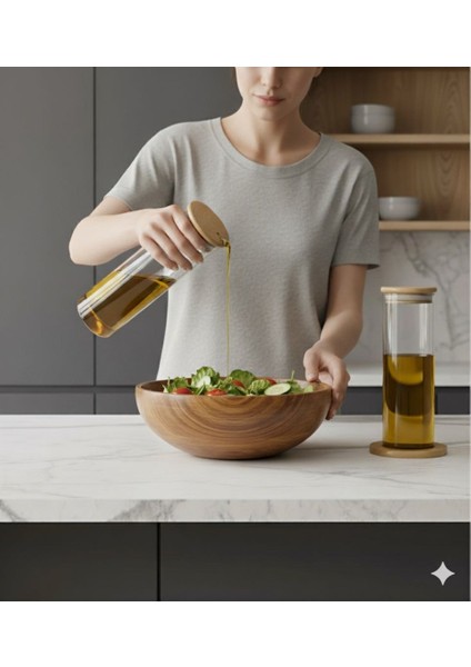 Mutfak Serisi Ahşap Standlı Bambu Kapaklı Akıllı Cam Yağdanlık Seti (2'li) Damlatmaz Modern Tasarım modelleri