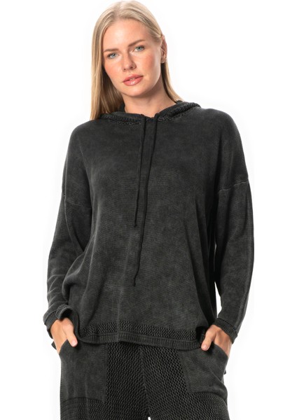 Uzun Kol Kapüşonlu Fileli Sonbahar ve Kışlık Triko Bluz Füme Fm