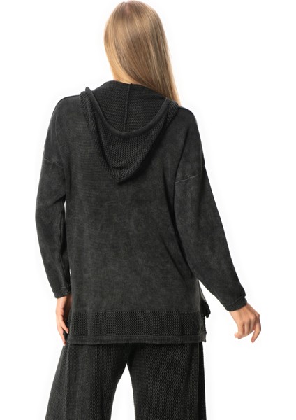 Uzun Kol Kapüşonlu Fileli Sonbahar ve Kışlık Triko Bluz Füme Fm fiyatları