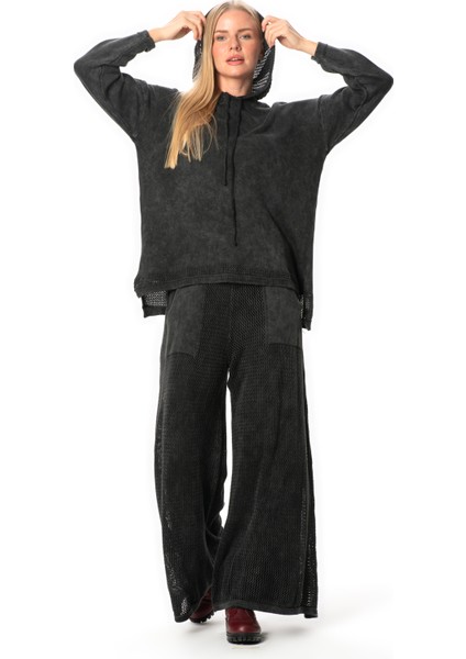 Uzun Kol Kapüşonlu Fileli Sonbahar ve Kışlık Triko Bluz Füme Fm fırsatları