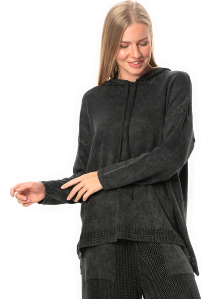 Uzun Kol Kapüşonlu Fileli Sonbahar ve Kışlık Triko Bluz Füme Fm indirimleri