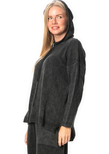 Uzun Kol Kapüşonlu Fileli Sonbahar ve Kışlık Triko Bluz Füme Fm