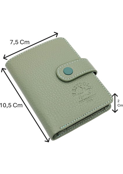Hakiki Deri Kağıt Para ve Şeffaf Bol Kart Bölmeli Patlı Unisex Kartlık Cüzdan - Mint Yeşili