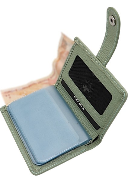 Hakiki Deri Kağıt Para ve Şeffaf Bol Kart Bölmeli Patlı Unisex Kartlık Cüzdan - Mint Yeşili indirimleri