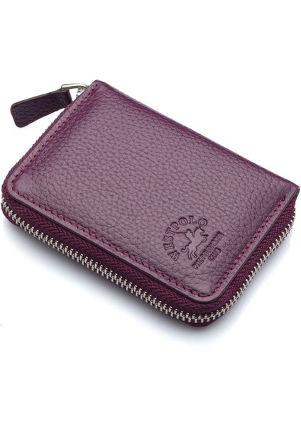 Hakiki Deri Kağıt Para ve Bol Şeffaf Kart Bölmeli, Fermuarlı Unisex Kartlık - Mürdüm fiyatları