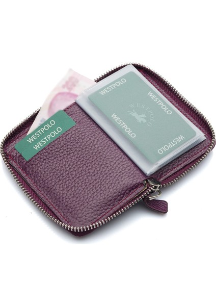 Hakiki Deri Kağıt Para ve Bol Şeffaf Kart Bölmeli, Fermuarlı Unisex Kartlık - Mürdüm modelleri