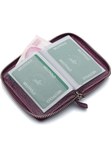 Hakiki Deri Kağıt Para ve Bol Şeffaf Kart Bölmeli, Fermuarlı Unisex Kartlık - Mürdüm fırsatları