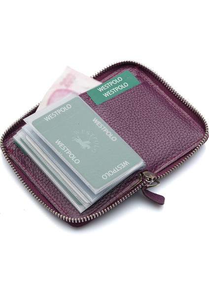 Hakiki Deri Kağıt Para ve Bol Şeffaf Kart Bölmeli, Fermuarlı Unisex Kartlık - Mürdüm indirimleri