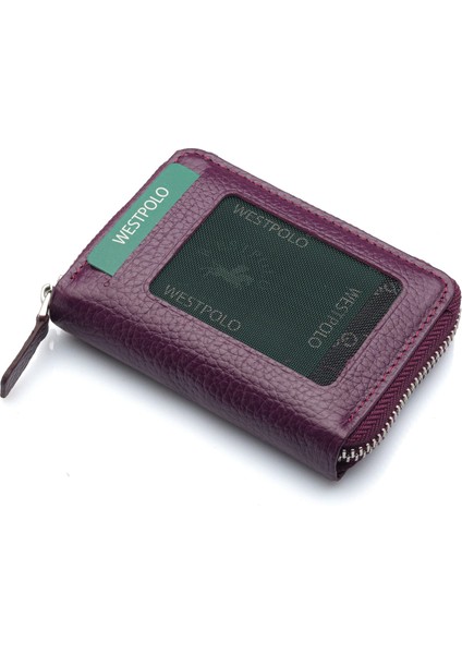 Hakiki Deri Kağıt Para ve Bol Şeffaf Kart Bölmeli, Fermuarlı Unisex Kartlık - Mürdüm