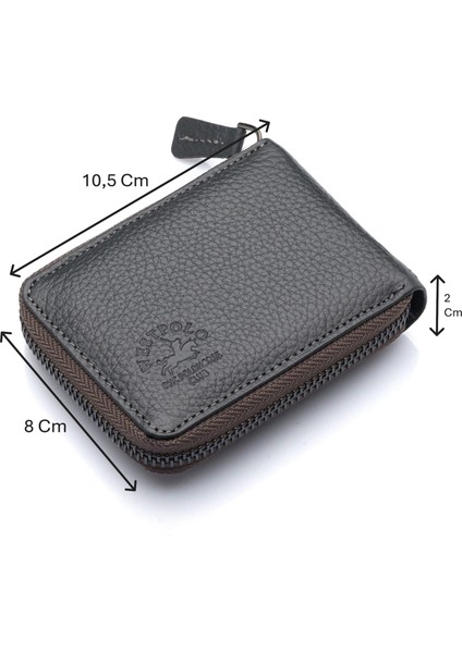 Hakiki Deri Kağıt Para ve Bol Şeffaf Kart Bölmeli, Fermuarlı Unisex Kartlık - Gri