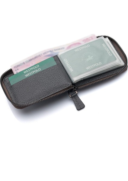 Hakiki Deri Kağıt Para ve Bol Şeffaf Kart Bölmeli, Fermuarlı Unisex Kartlık - Gri modelleri