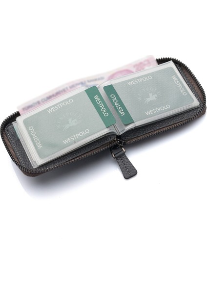 Hakiki Deri Kağıt Para ve Bol Şeffaf Kart Bölmeli, Fermuarlı Unisex Kartlık - Gri fırsatları