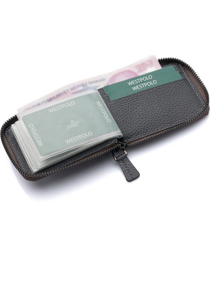 Hakiki Deri Kağıt Para ve Bol Şeffaf Kart Bölmeli, Fermuarlı Unisex Kartlık - Gri indirimleri