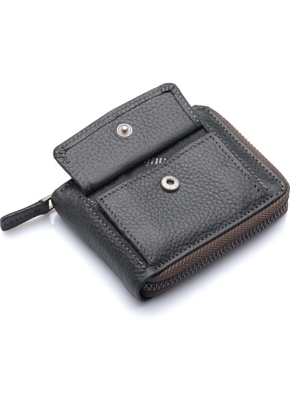 Hakiki Deri Kağıt Para ve Bol Şeffaf Kart Bölmeli, Fermuarlı Unisex Kartlık - Gri