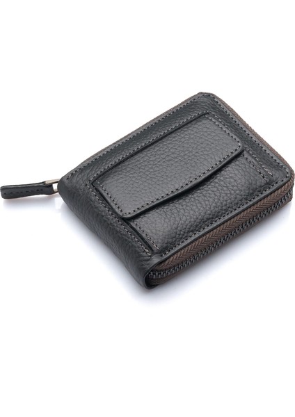 Hakiki Deri Kağıt Para ve Bol Şeffaf Kart Bölmeli, Fermuarlı Unisex Kartlık - Gri