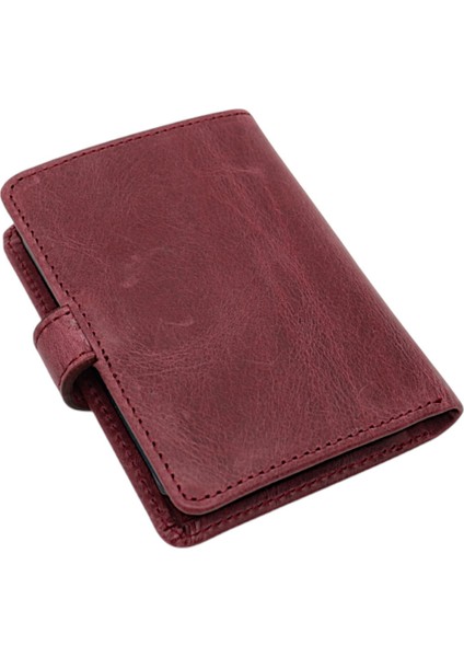 Hakiki Eskitme Deri Kağıt Para ve Bol Kart Bölmeli Patlı Unisex Kartlık Cüzdan - Bordo