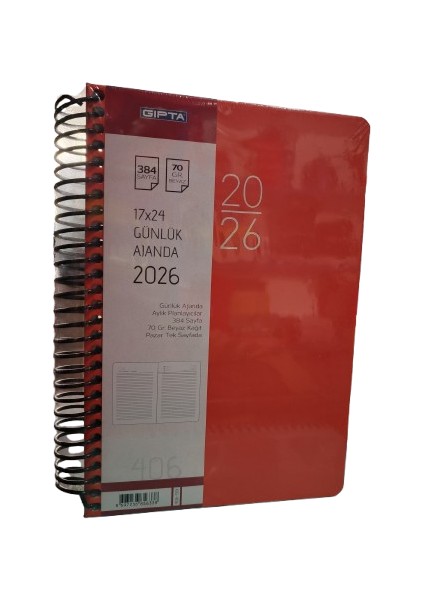 Gıpta 2026 Spiralli Sert Kapak Günlük Ajanda 17X24 384 Sayfa 406-SEK (Pazar Günü Tek Sayfa)