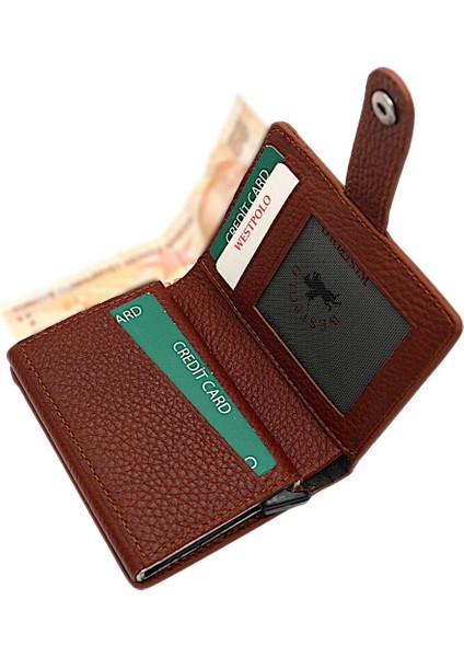 Hakiki Deri Mekanizmalı Bol Kart Bölmeli Patlı Unisex Cüzdan - Taba fırsatları