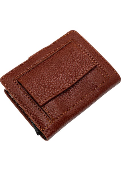Hakiki Deri Mekanizmalı Bol Kart Bölmeli Patlı Unisex Cüzdan - Taba