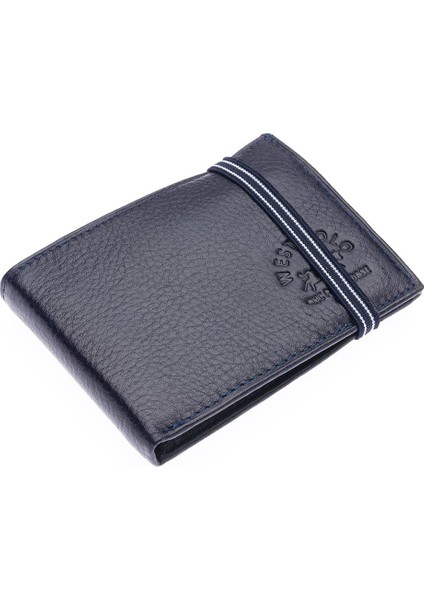Hakiki Deri Kağıt Para ve Bol Şeffaf Kart Bölmeli Lastikli Unisex Kartlık - Lacivert