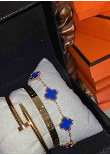 Gold Lacivert 3lü Bileklik,kelepçe Seti Çelik Set