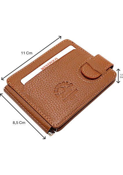 Hakiki Deri Çift Taraflı Kullanıma Uygun Kuşaklı Kağıt Para Klipsli Unisex Kartlık - Taba