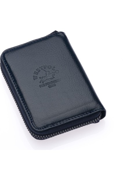 Hakiki Deri Kağıt Para ve Bol Şeffaf Kart Bölmeli, Fermuarlı Unisex Kartlık - Lacivert fiyatları