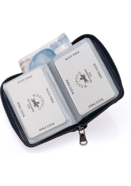 Hakiki Deri Kağıt Para ve Bol Şeffaf Kart Bölmeli, Fermuarlı Unisex Kartlık - Lacivert modelleri