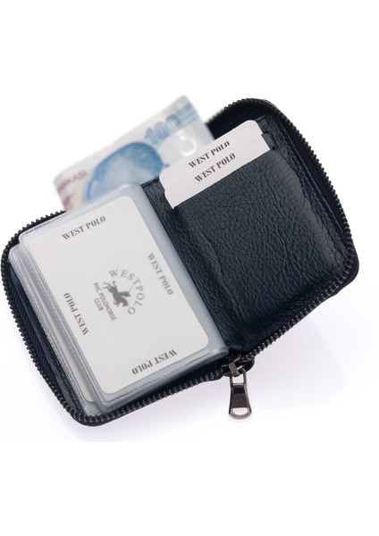 Hakiki Deri Kağıt Para ve Bol Şeffaf Kart Bölmeli, Fermuarlı Unisex Kartlık - Lacivert fırsatları