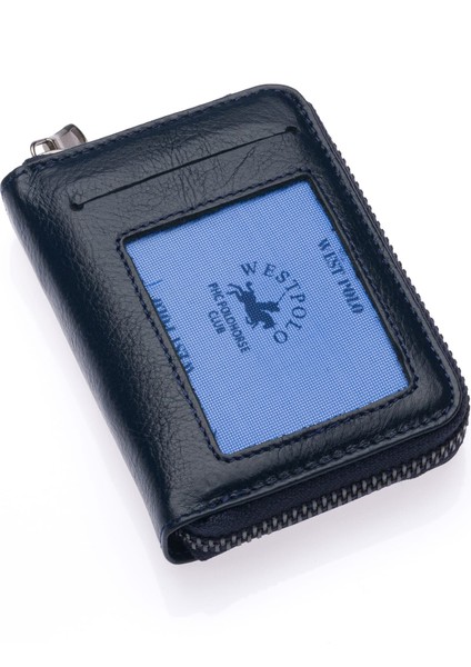 Hakiki Deri Kağıt Para ve Bol Şeffaf Kart Bölmeli, Fermuarlı Unisex Kartlık - Lacivert