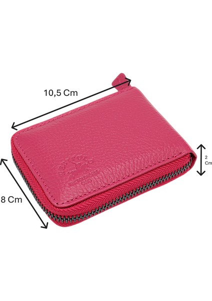Hakiki Deri Kağıt Para ve Bol Şeffaf Kart Bölmeli, Fermuarlı Unisex Kartlık - Fuşya