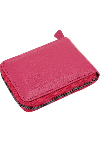Hakiki Deri Kağıt Para ve Bol Şeffaf Kart Bölmeli, Fermuarlı Unisex Kartlık - Fuşya fiyatları
