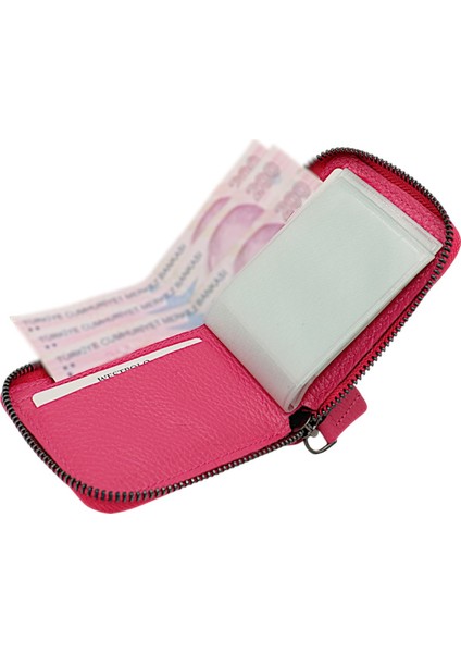 Hakiki Deri Kağıt Para ve Bol Şeffaf Kart Bölmeli, Fermuarlı Unisex Kartlık - Fuşya modelleri