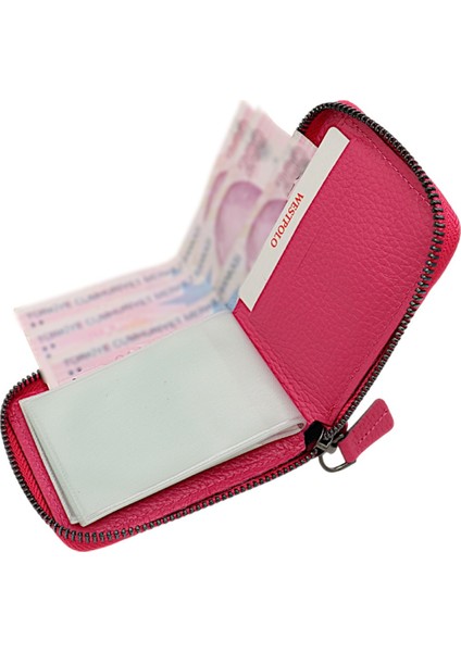 Hakiki Deri Kağıt Para ve Bol Şeffaf Kart Bölmeli, Fermuarlı Unisex Kartlık - Fuşya fırsatları