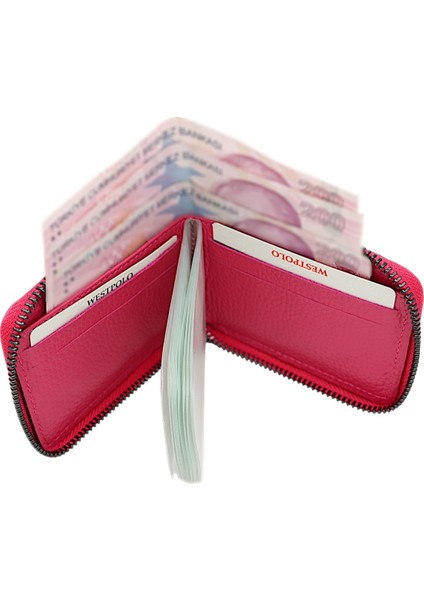 Hakiki Deri Kağıt Para ve Bol Şeffaf Kart Bölmeli, Fermuarlı Unisex Kartlık - Fuşya indirimleri