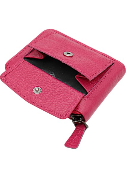 Hakiki Deri Kağıt Para ve Bol Şeffaf Kart Bölmeli, Fermuarlı Unisex Kartlık - Fuşya