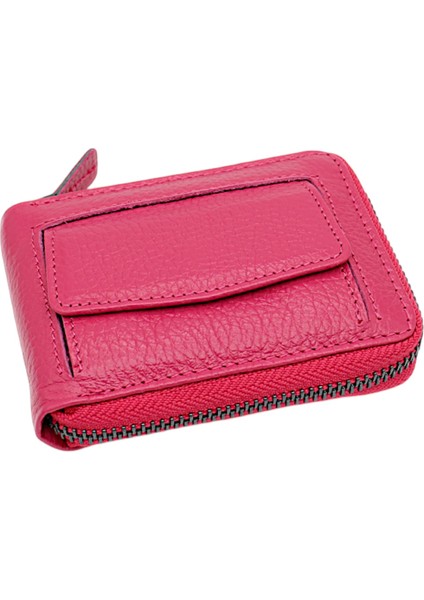Hakiki Deri Kağıt Para ve Bol Şeffaf Kart Bölmeli, Fermuarlı Unisex Kartlık - Fuşya