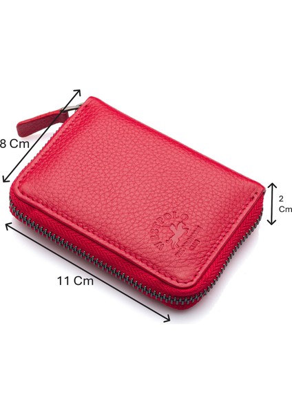 Hakiki Deri Kağıt Para ve Bol Şeffaf Kart Bölmeli, Fermuarlı Unisex Kartlık - Kırmızı