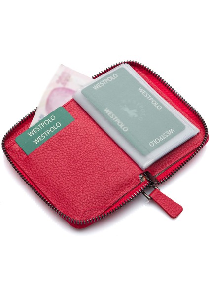Hakiki Deri Kağıt Para ve Bol Şeffaf Kart Bölmeli, Fermuarlı Unisex Kartlık - Kırmızı modelleri