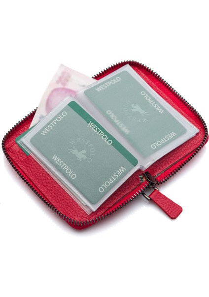 Hakiki Deri Kağıt Para ve Bol Şeffaf Kart Bölmeli, Fermuarlı Unisex Kartlık - Kırmızı fırsatları