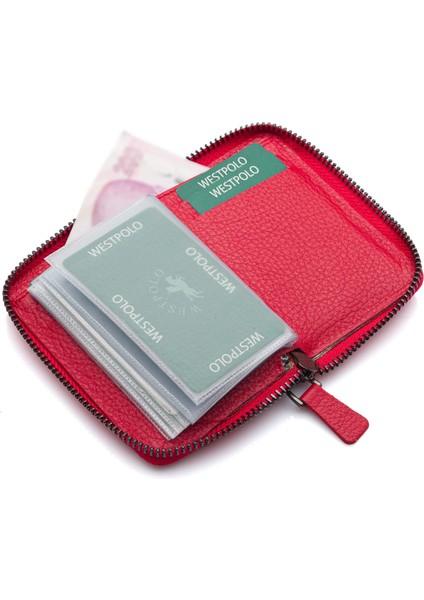 Hakiki Deri Kağıt Para ve Bol Şeffaf Kart Bölmeli, Fermuarlı Unisex Kartlık - Kırmızı indirimleri