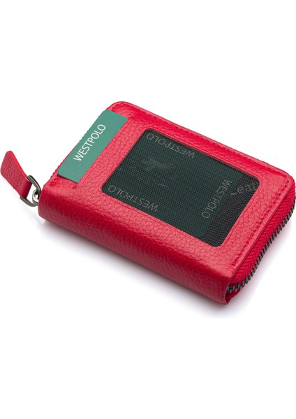 Hakiki Deri Kağıt Para ve Bol Şeffaf Kart Bölmeli, Fermuarlı Unisex Kartlık - Kırmızı