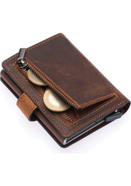 Bozuk Para ve Bol Kart Bölmeli Unisex Eskitme Hakiki Deri Mekanizmalı Kartlık - G2 Taba indirimleri