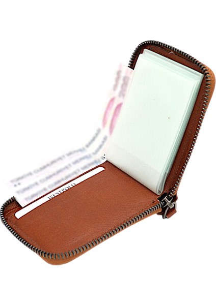 Hakiki Deri Kağıt Para ve Bol Şeffaf Kart Bölmeli, Fermuarlı Unisex Kartlık - Taba modelleri