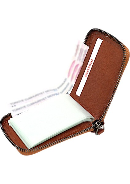 Hakiki Deri Kağıt Para ve Bol Şeffaf Kart Bölmeli, Fermuarlı Unisex Kartlık - Taba fırsatları