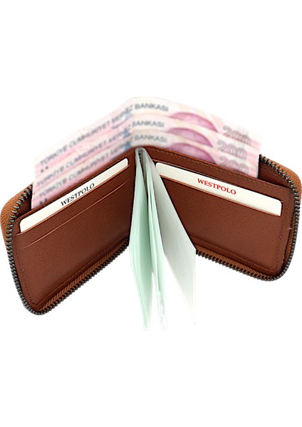 Hakiki Deri Kağıt Para ve Bol Şeffaf Kart Bölmeli, Fermuarlı Unisex Kartlık - Taba indirimleri