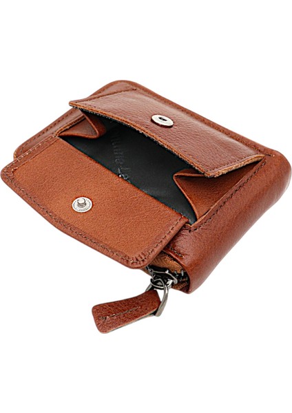 Hakiki Deri Kağıt Para ve Bol Şeffaf Kart Bölmeli, Fermuarlı Unisex Kartlık - Taba