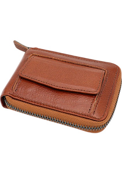 Hakiki Deri Kağıt Para ve Bol Şeffaf Kart Bölmeli, Fermuarlı Unisex Kartlık - Taba